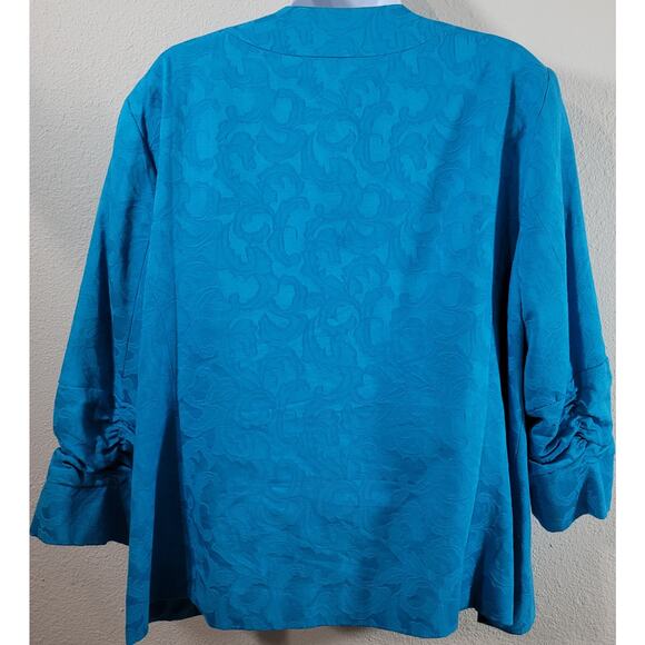 TanJay Blue Embossed Floral Print Open Front Blazer 16 Lined Ruched Sleeves Soft - Picture 2 of 7